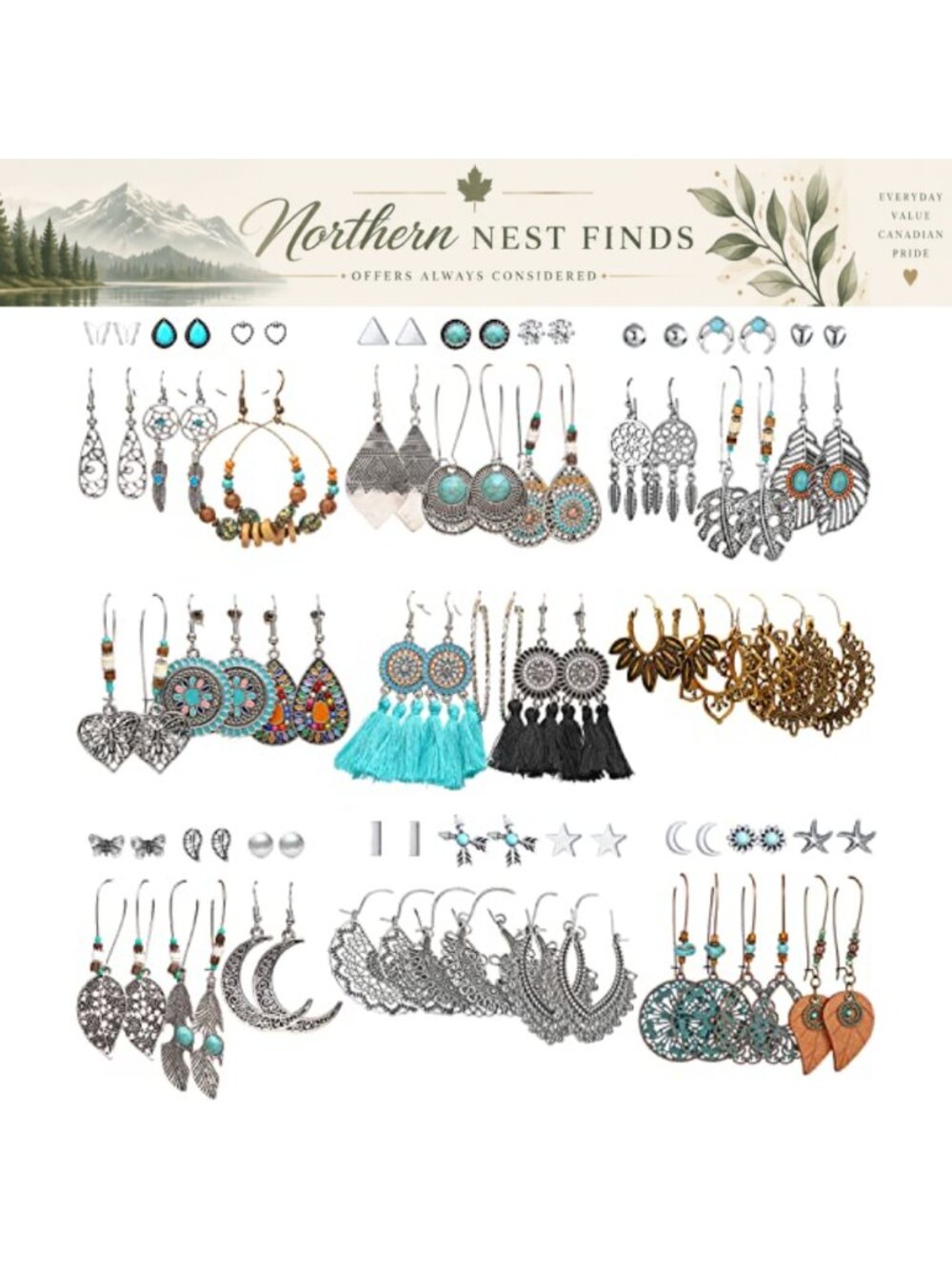 45 Pairs Boho Earrings Set Alloy Waterdrop Feather Dangle Women